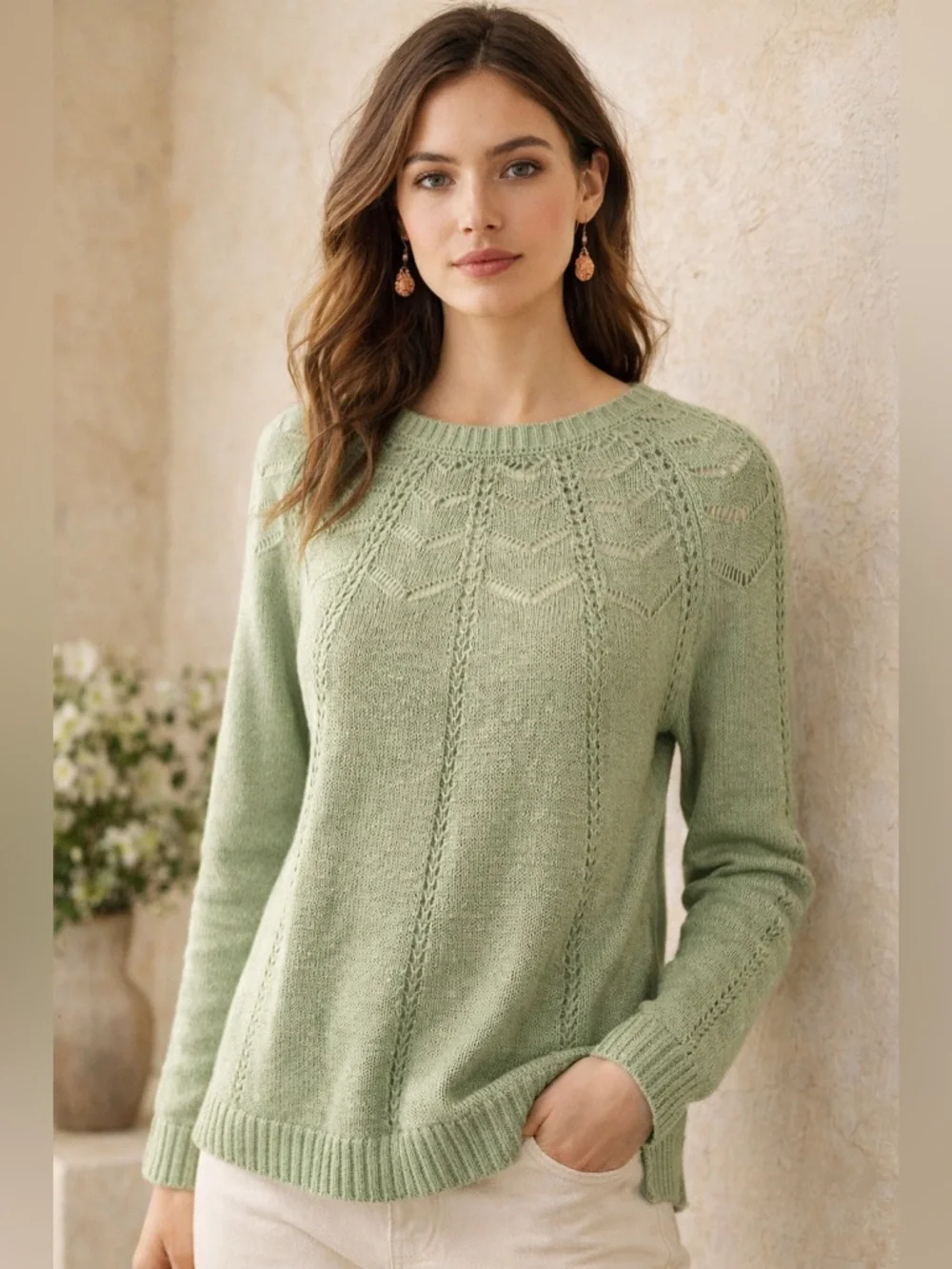 Cottagecore Sage Green Knit Sweater XS Open Knit Lightweight Boho XS